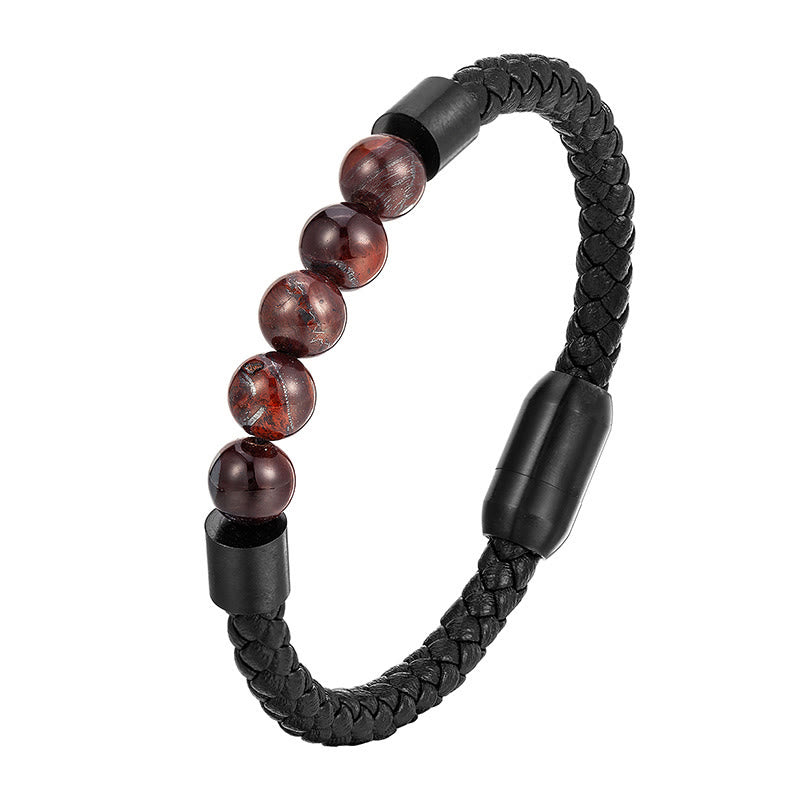 Buddha Stones Frosted Stone Lava Rock Tiger Eye Titanium Steel Stimulation Leather Bracelet - Red Tiger Eye(Wrist Circumference: 18-19cm) - image 7