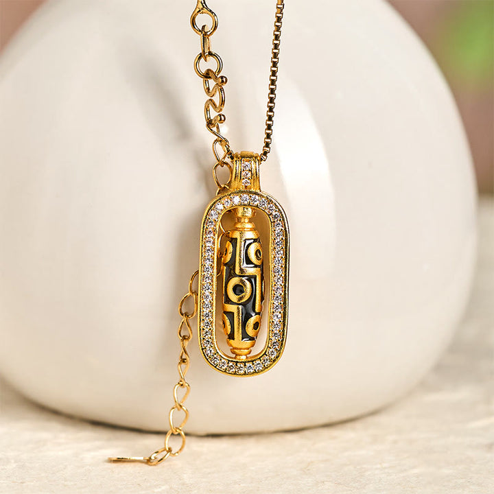Buddha Stones 24k Gold Plated Brass Nine-eye Dzi Bead Auspicious Pattern Wealth Pendant Necklace - image 1