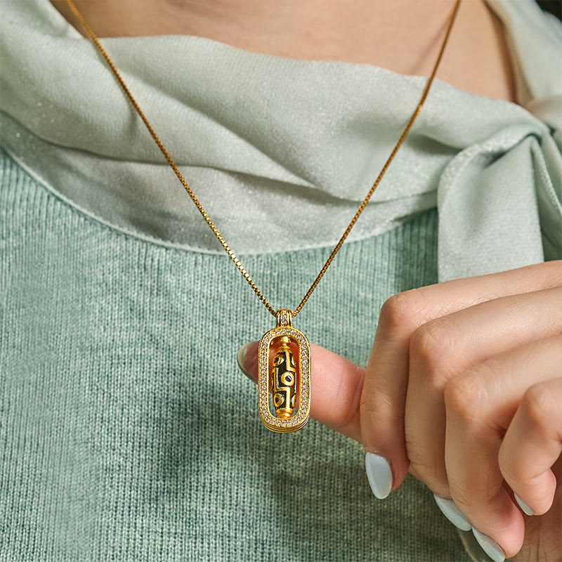 Buddha Stones 24k Gold Plated Brass Nine-eye Dzi Bead Auspicious Pattern Wealth Pendant Necklace - image 5
