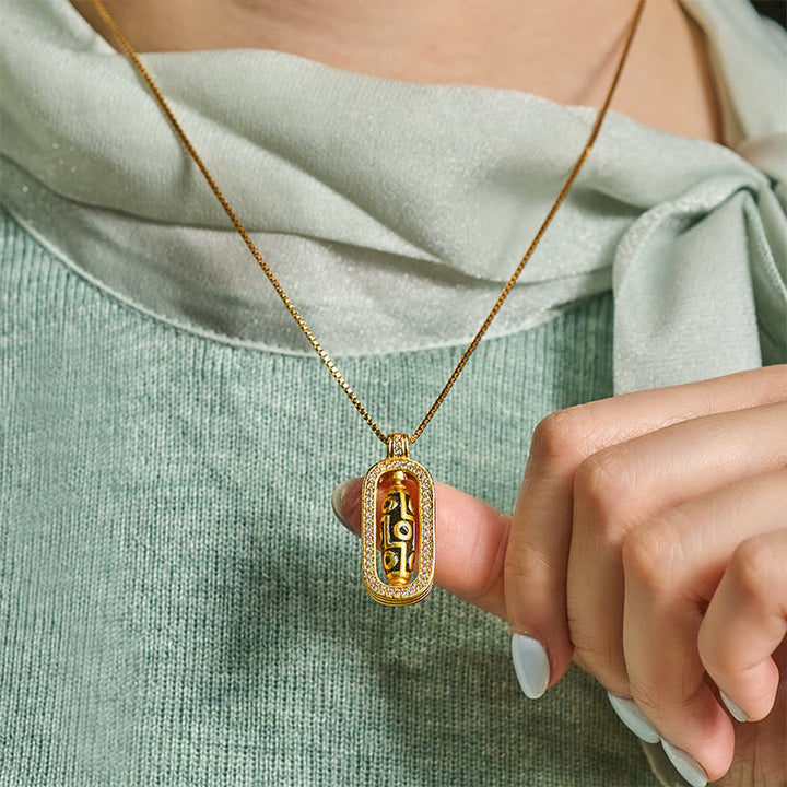 Buddha Stones 24k Gold Plated Brass Nine-eye Dzi Bead Auspicious Pattern Wealth Pendant Necklace - image 5