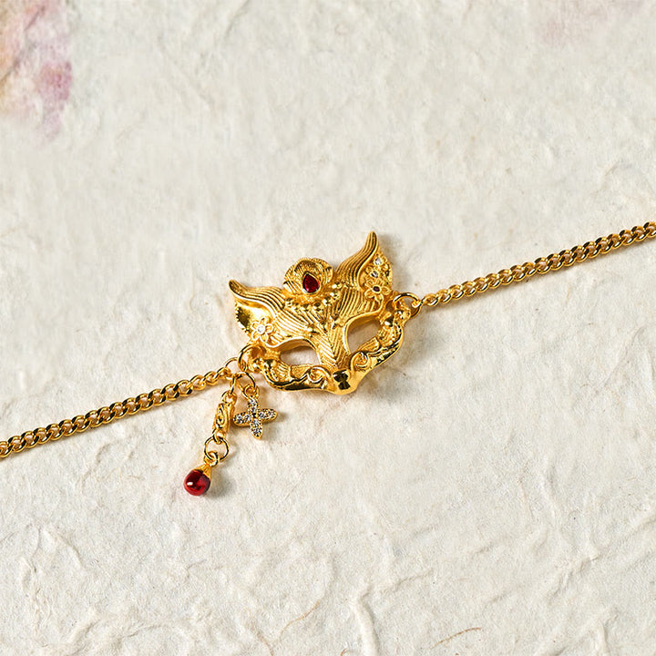 Buddha Stones 24k Gold Plated Brass Fox Mask Charm Tassel Chain Bracelet - image 5