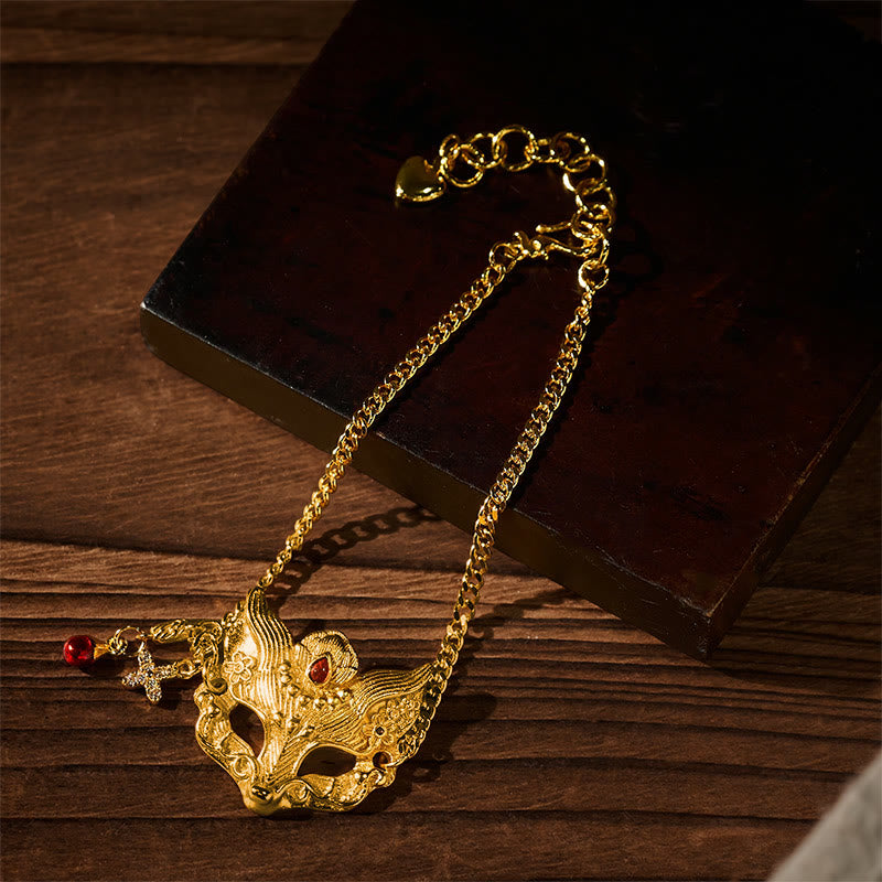 Buddha Stones 24k Gold Plated Brass Fox Mask Charm Tassel Chain Bracelet - image 2