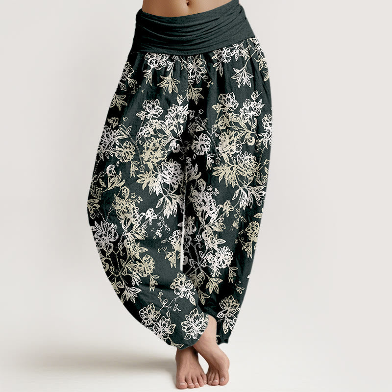 Buddha Stones Cotton Retro Layered Petals Pattern Women's Elastic Waist Harem Pants - Black - US16，UK/AU20，EU48 (3XL) - image 0
