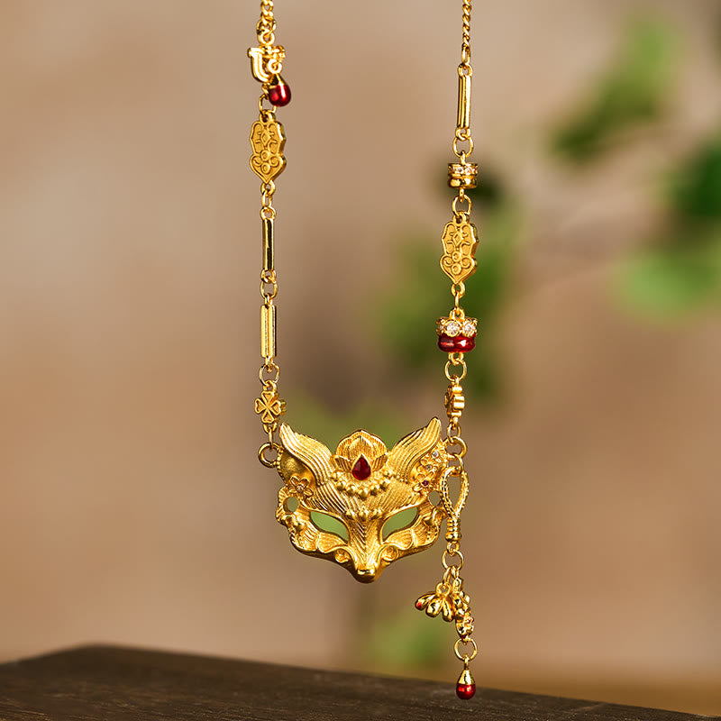 Buddha Stone 24k Gold Plated Brass Fox Design Tassel Pendant Necklace - image 4