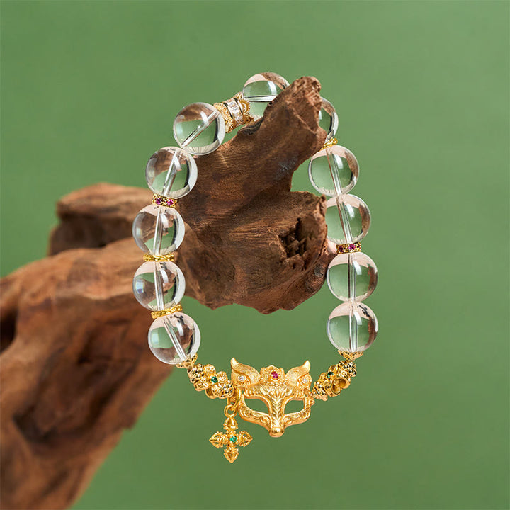 Buddha Stones Fox Cross Charm White Crystal Beaded Protection Bracelet - image 1