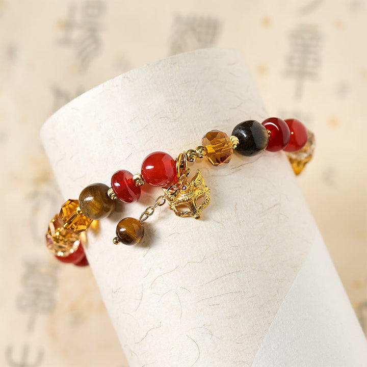 Buddha Stones Red Agate Tiger Eye Fox Charm Calm Beaded Bracelet - image 4