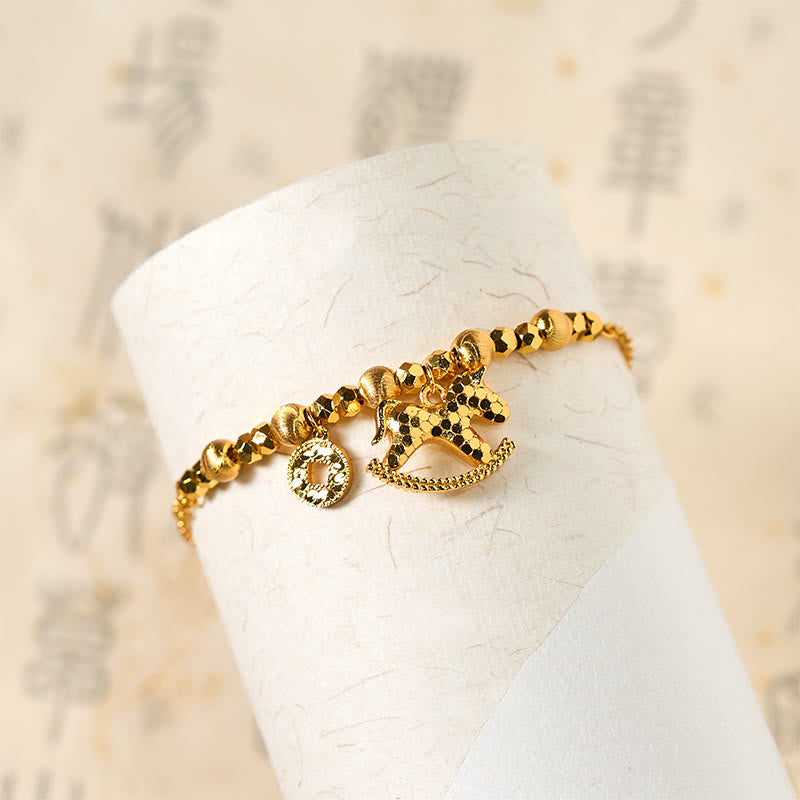 Buddha Stones Chinese Zodiac Year Of The Horse 24k Gold Plated Copper Coin Luck Bracelet - image 3