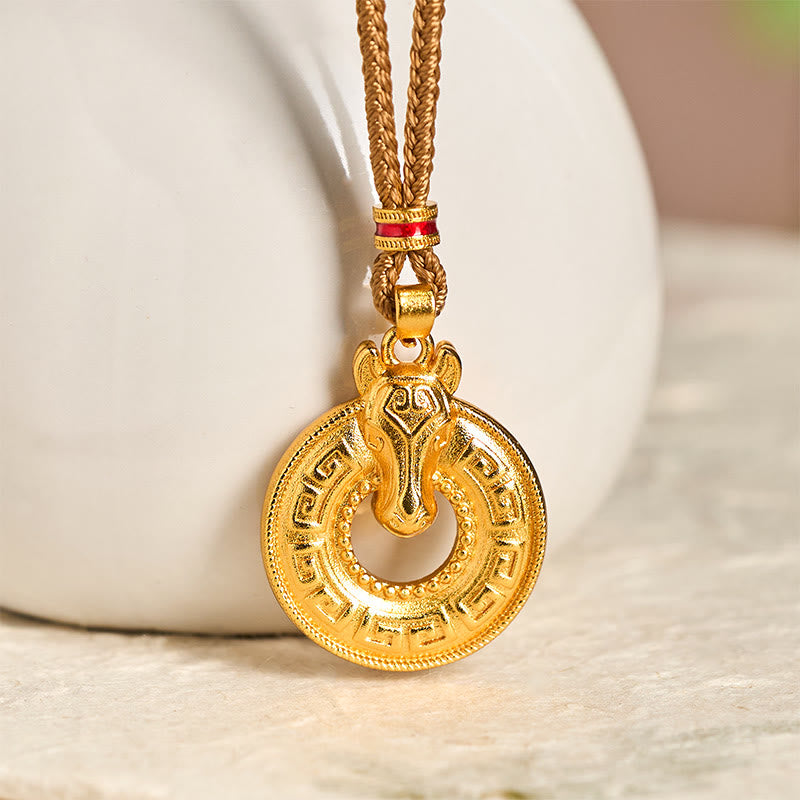 Buddha Stones Year Of The Horse Peace Buckle Fu Character Gold Plated Copper Energy Necklace Pendant - image 2