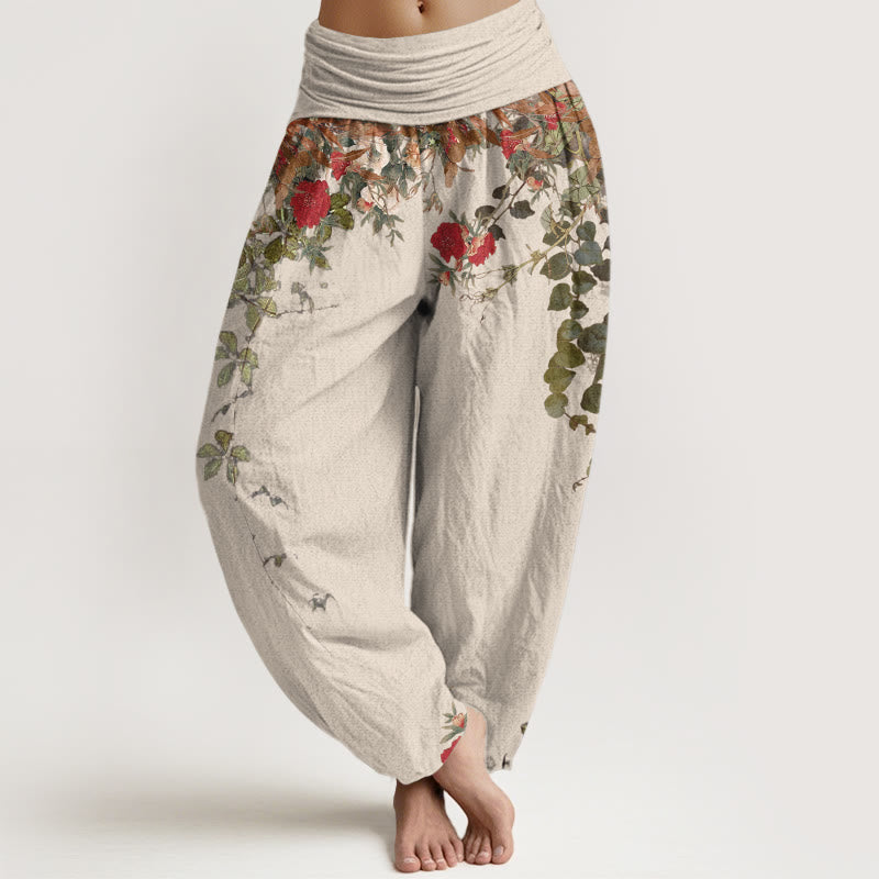 Buddha Stones Pure Cotton Colourful Flower Leaves Patterns Women's Elastic Waist Harem Pants - Beige - US16，UK/AU20，EU48 (3XL) - image 8