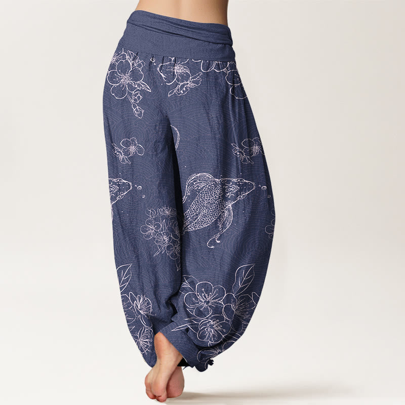 Buddha Stones Pure Cotton Exquisite Koi Fish Flowers Patterns Women's Elastic Waist Harem Pants - image 1