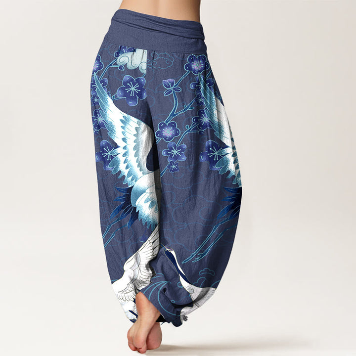 Buddha Stones Pure Cotton Cranes Flowers Clouds Patterns Women's Elastic Waist Harem Pants - image 1