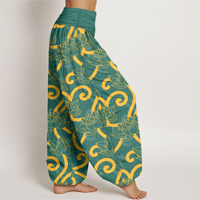 Buddha Stones Pure Cotton Elegant Gorgeous Lotus Scroll Pattern Women's Elastic Waist Harem Pants - image 2