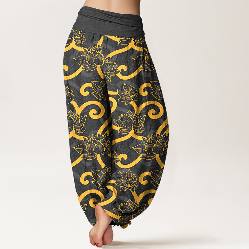 Buddha Stones Pure Cotton Elegant Gorgeous Lotus Scroll Pattern Women's Elastic Waist Harem Pants - image 6