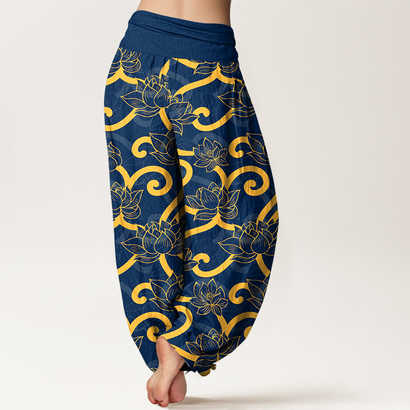 Buddha Stones Pure Cotton Elegant Gorgeous Lotus Scroll Pattern Women's Elastic Waist Harem Pants - image 9
