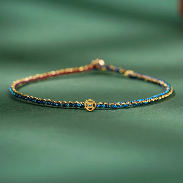 Buddha Stones Colorful Rope Luck Coin Bead Abundance Extra Thin Braided Bracelet - Dark Blue - Rope With Copper Coin - 20cm - image 19