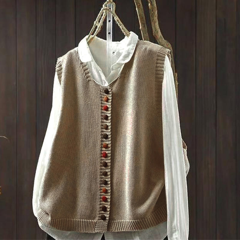 Buddha Stones Colorful Buttons Women's Sleeveless Cotton Knitted Vest Waistcoat - Tan - US4-6，UK/AU8-10，EU36-38 (F) - image 1