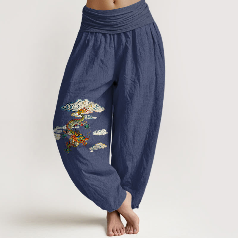 Buddha Stones Pure Cotton Colorful Dragon Cloud Pattern Women's Elastic Waist Harem Pants - DarkSlateBlue - US16，UK/AU20，EU48 (3XL) - image 5