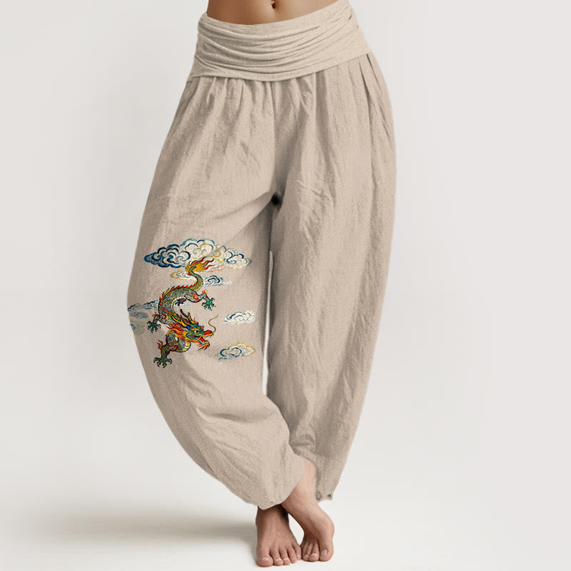 Buddha Stones Pure Cotton Colorful Dragon Cloud Pattern Women's Elastic Waist Harem Pants - Tan - US16，UK/AU20，EU48 (3XL) - image 11
