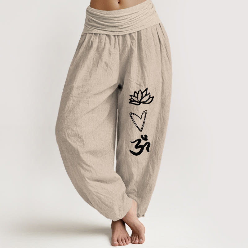 Buddha Stones Pure Cotton Lotus Heart Shape Om Symbol Pattern Women's Elastic Waist Harem Pants - Tan - US16，UK/AU20，EU48 (3XL) - image 11
