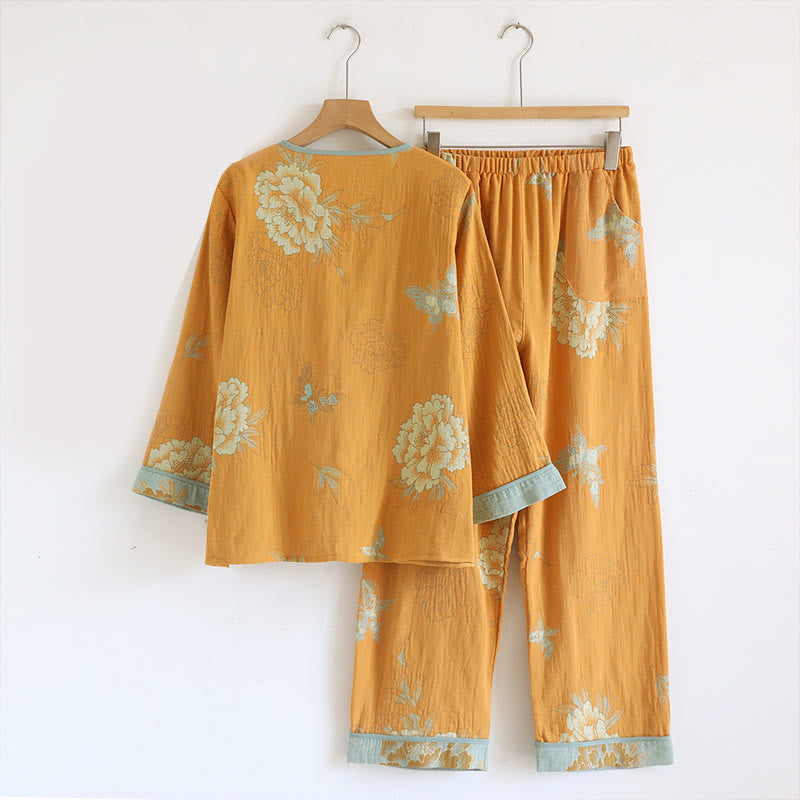 Buddha Stones 2pcs Frog-Button Printed Long Sleeve Cardigan Shirt Pants With Pockets Cotton Set  - image 1