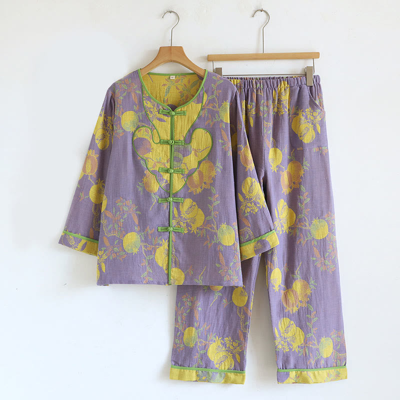 Buddha Stones 2pcs Frog-Button Printed Long Sleeve Cardigan Shirt Pants With Pockets Cotton Set  - MediumPurple - US8-10，UK/AU12-14，EU40-42 (XL) - image 21