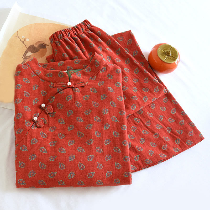 Buddha Stones 2pcs Colorful Floral Long Sleeve Frog-Button Shirt Pants With Pockets Pure Cotton Set  - image 7