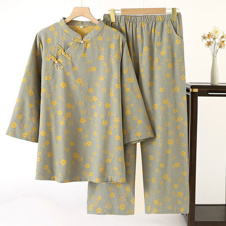 Buddha Stones 2pcs Colorful Floral Long Sleeve Frog-Button Shirt Pants With Pockets Pure Cotton Set  - DarkSeaGreen - US6，UK/AU10，EU38 (XL) - image 0