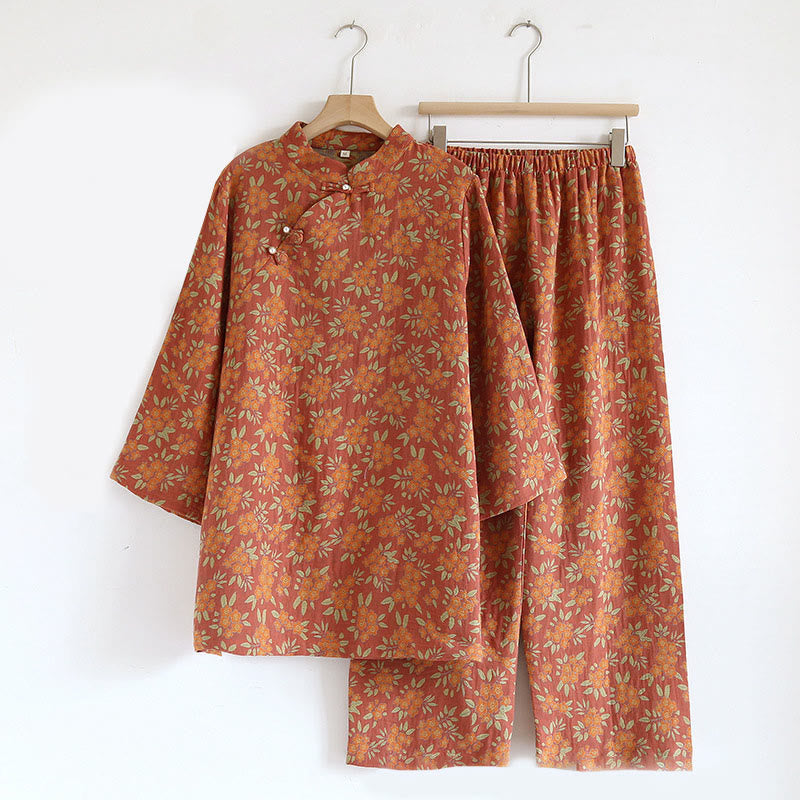 Buddha Stones 2pcs Colorful Floral Long Sleeve Frog-Button Shirt Pants With Pockets Pure Cotton Set  - IndianRed - US6，UK/AU10，EU38 (XL) - image 19