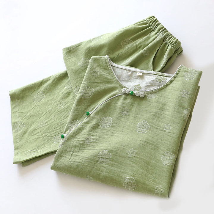 Buddha Stones 2pcs FLoral Pattern Long Sleeve Crew Neck Button Shirt Pants With Pockets Cotton Set  - image 5