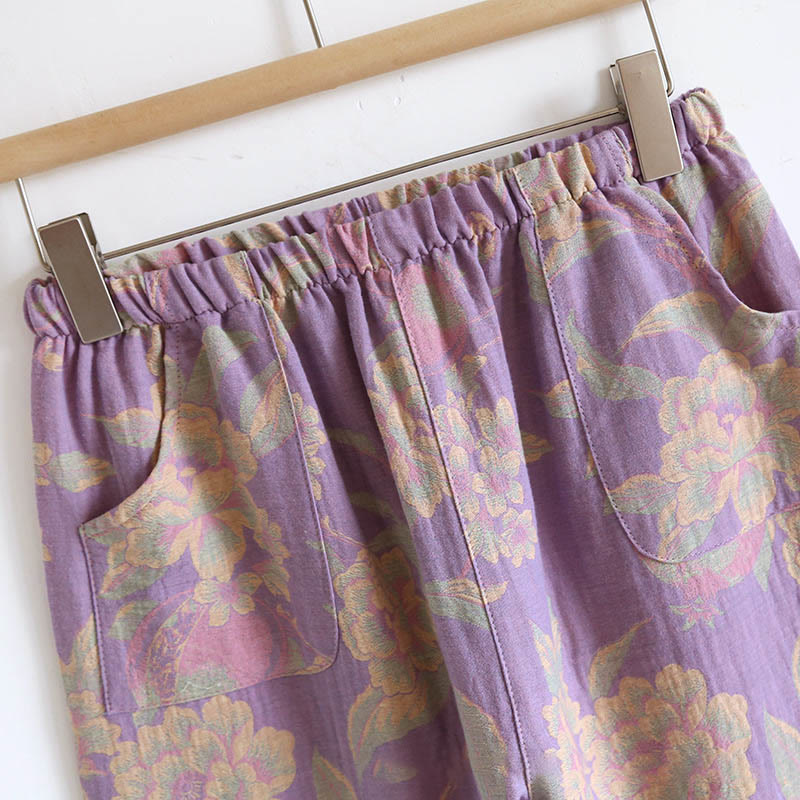 Buddha Stones 2pcs FLoral Pattern Long Sleeve Crew Neck Button Shirt Pants With Pockets Cotton Set  - image 19