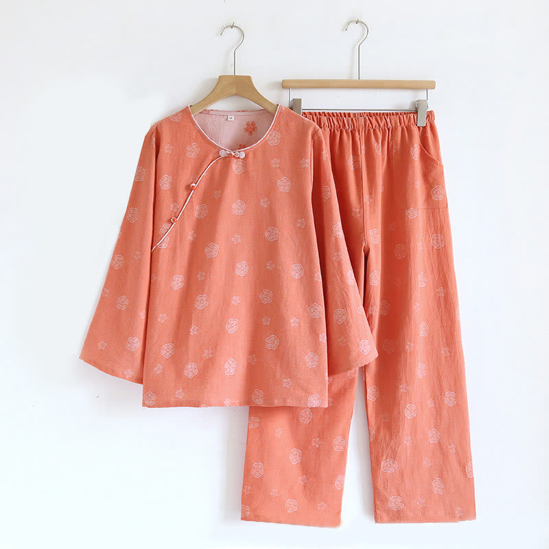 Buddha Stones 2pcs FLoral Pattern Long Sleeve Crew Neck Button Shirt Pants With Pockets Cotton Set  - Coral Plum Bossom - US6，UK/AU10，EU38 (XL) - image 2