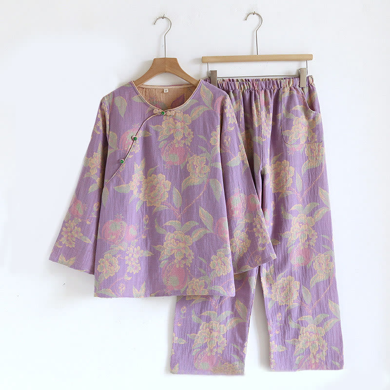 Buddha Stones 2pcs FLoral Pattern Long Sleeve Crew Neck Button Shirt Pants With Pockets Cotton Set  - Orchid Peony - US6，UK/AU10，EU38 (XL) - image 6