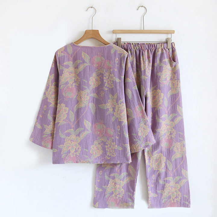 Buddha Stones 2pcs FLoral Pattern Long Sleeve Crew Neck Button Shirt Pants With Pockets Cotton Set  - image 7