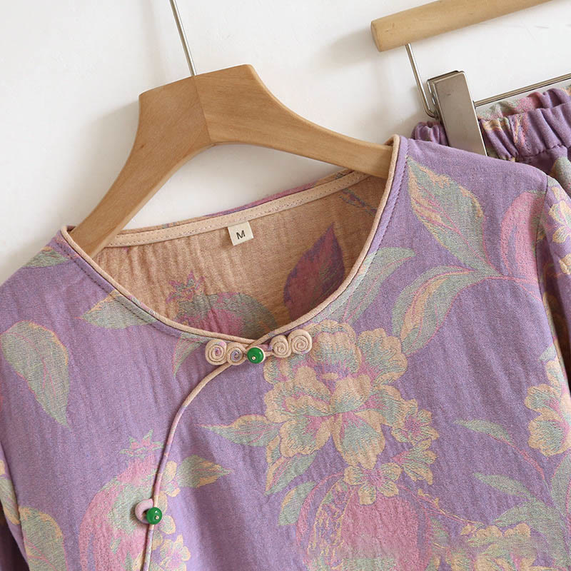 Buddha Stones 2pcs FLoral Pattern Long Sleeve Crew Neck Button Shirt Pants With Pockets Cotton Set  - image 9