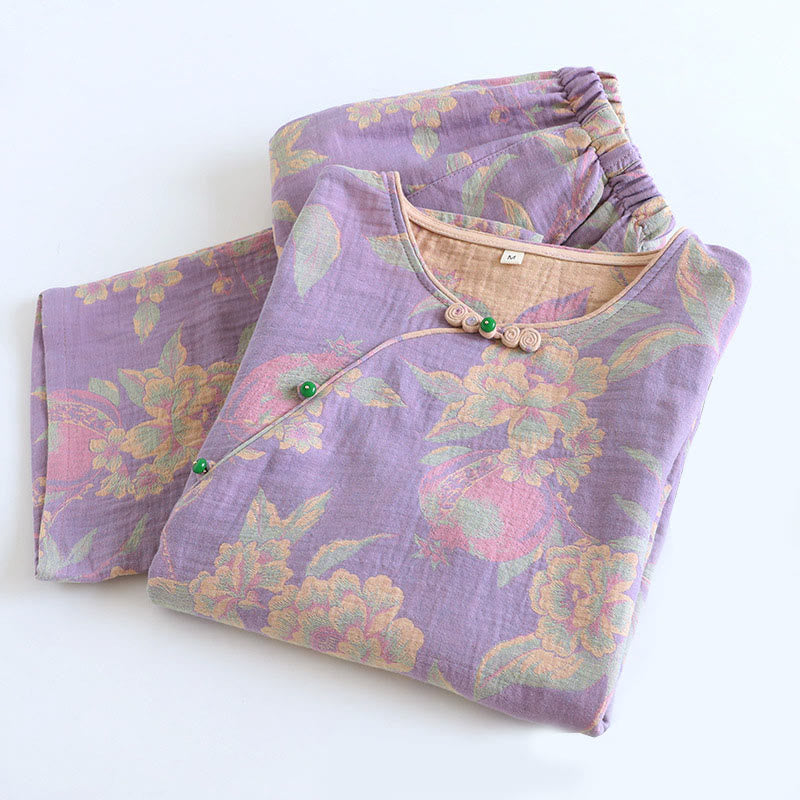 Buddha Stones 2pcs FLoral Pattern Long Sleeve Crew Neck Button Shirt Pants With Pockets Cotton Set  - image 8