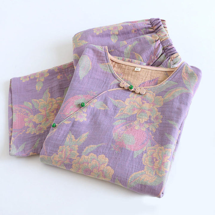 Buddha Stones 2pcs FLoral Pattern Long Sleeve Crew Neck Button Shirt Pants With Pockets Cotton Set  - image 8