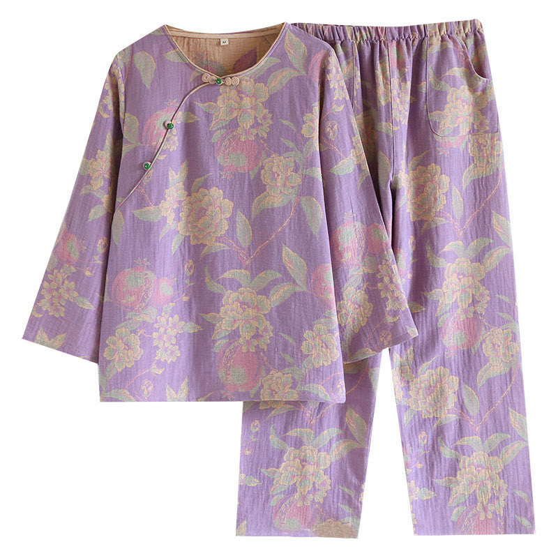 Buddha Stones 2pcs FLoral Pattern Long Sleeve Crew Neck Button Shirt Pants With Pockets Cotton Set  - image 24