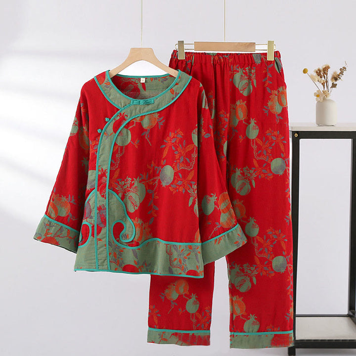 Buddha Stones 2pcs Patchwork Long Sleeve Frog-Button Shirt Pants With Pockets Pure Cotton Set  - Red Fruit Pattern - US6，UK/AU10，EU38 (XL) - image 4
