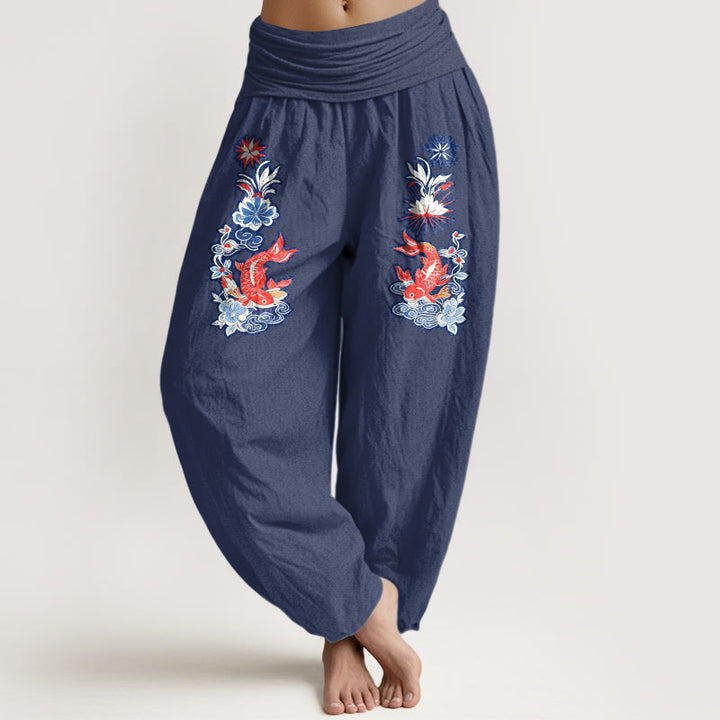 Buddha Stones Pure Cotton Striking Koi Fish Flower Pattern Women's Elastic Waist Harem Pants - DarkSlateBlue - US16，UK/AU20，EU48 (3XL) - image 8