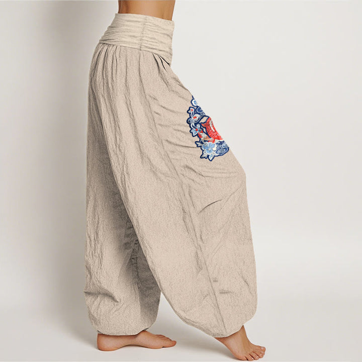 Buddha Stones Pure Cotton Striking Koi Fish Flower Pattern Women's Elastic Waist Harem Pants - image 16