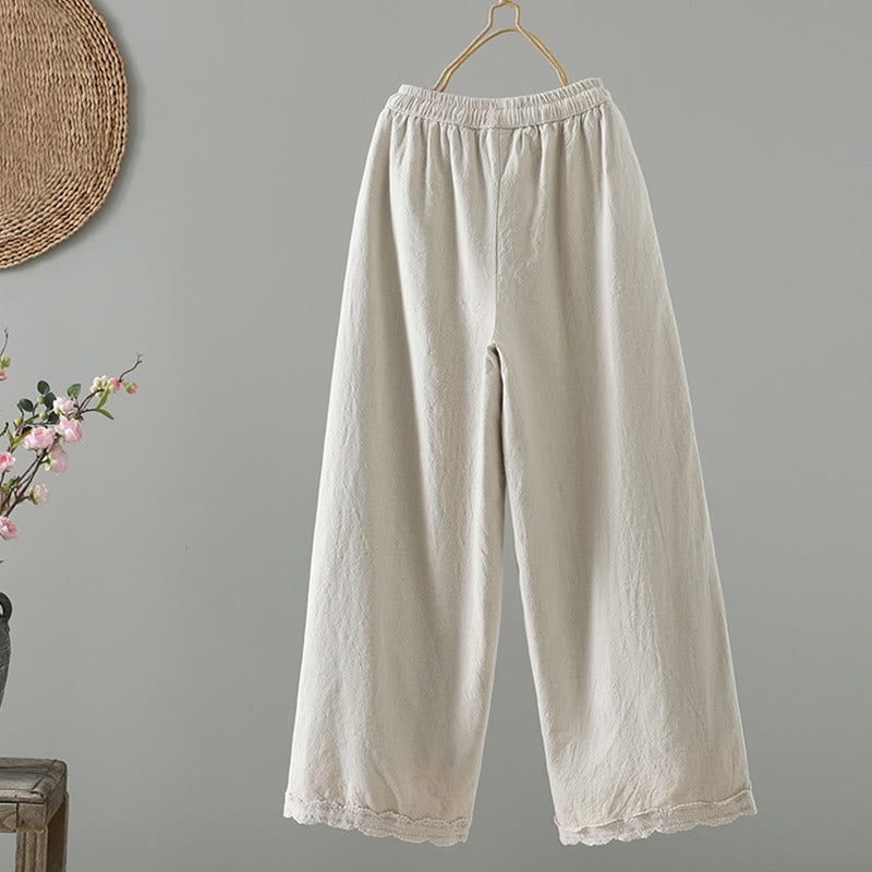 Buddha Stones Women's Pure Color Lace Patchwork Drawstring Thermal Cotton Pants With Pockets - image 15