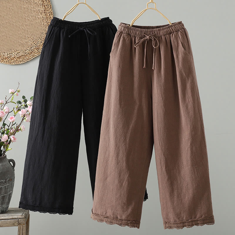 Buddha Stones Women's Pure Color Lace Patchwork Drawstring Thermal Cotton Pants With Pockets - image 23