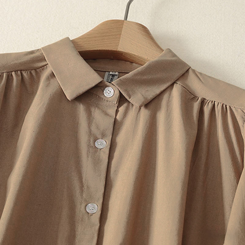 Buddha Stones Fall Solid Color Lapel Buttons Long Sleeve Cotton Midi Dress With Pockets - image 12