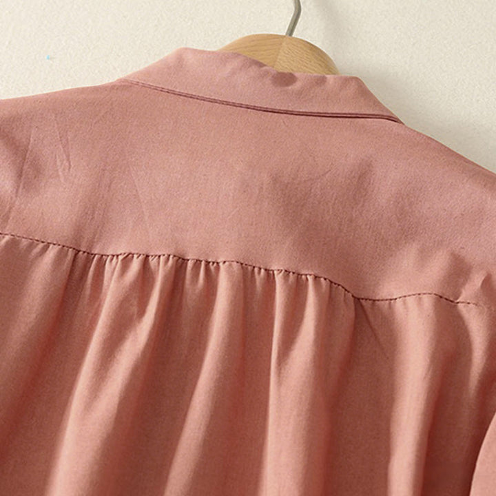 Buddha Stones Fall Solid Color Lapel Buttons Long Sleeve Cotton Midi Dress With Pockets - image 4