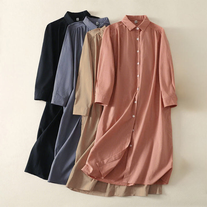 Buddha Stones Fall Solid Color Lapel Buttons Long Sleeve Cotton Midi Dress With Pockets - image 0