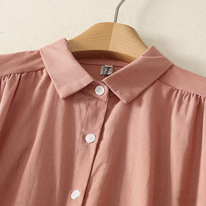 Buddha Stones Fall Solid Color Lapel Buttons Long Sleeve Cotton Midi Dress With Pockets - image 3