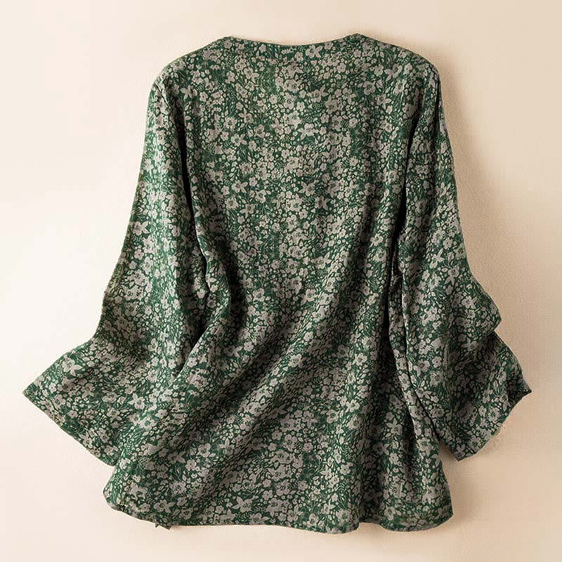 Buddha Stones Spring V-Neck Printed Floral Pattern Women's Long Sleeve Shirt - image 9