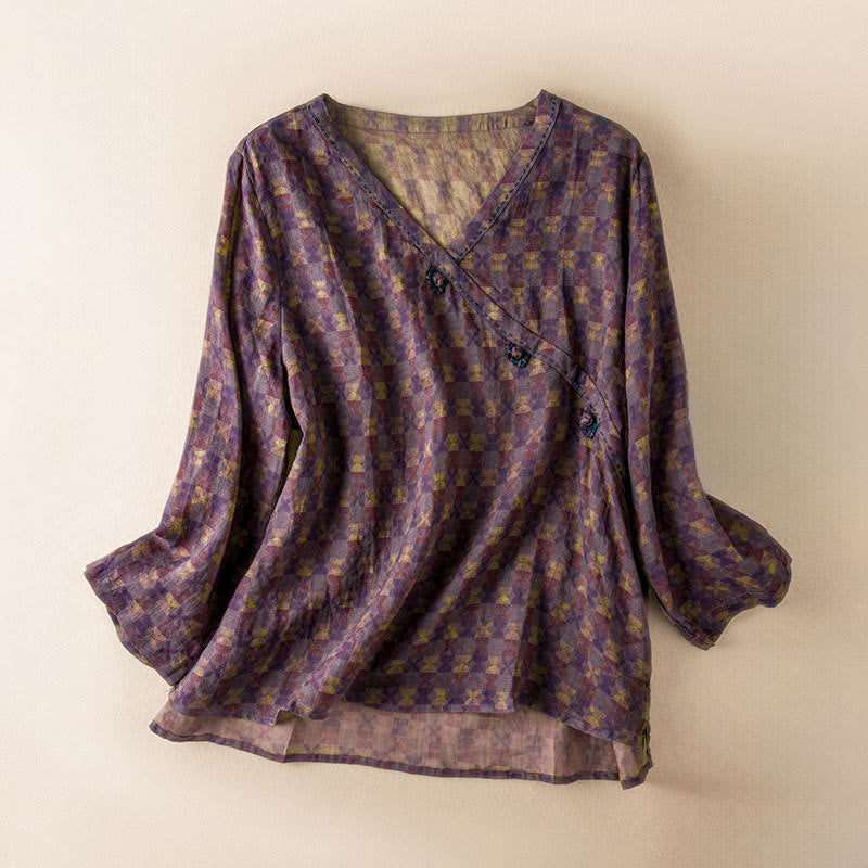 Buddha Stones Spring V-Neck Printed Floral Pattern Women's Long Sleeve Shirt - DarkMagenta - US8-10，UK/AU12-14，EU40-42 (2XL) - image 4