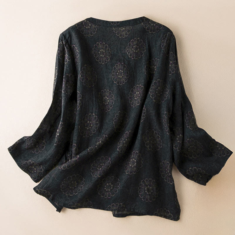 Buddha Stones Spring V-Neck Printed Floral Pattern Women's Long Sleeve Shirt - image 1