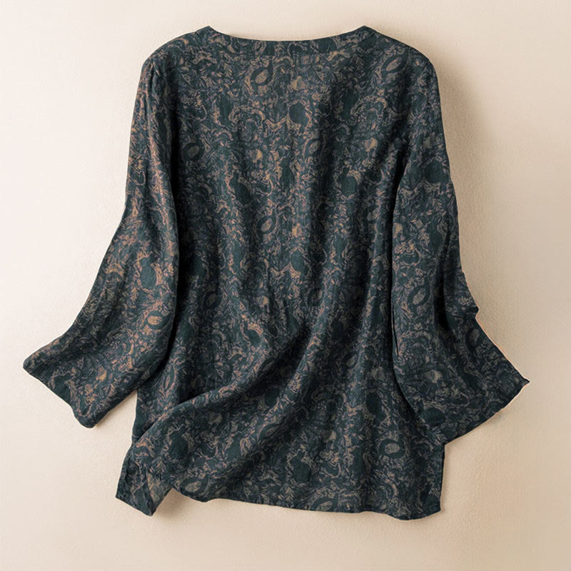 Buddha Stones Spring V-Neck Printed Floral Pattern Women's Long Sleeve Shirt - image 5